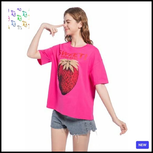 Oversized Strawberry Print Tee Y2K Chic Plus Size Cotton Casual Top - Picture 6 of 8